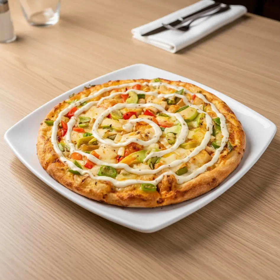 Donair pizza with seasoned meat at Uniq Pizza Millwoods Edmonton